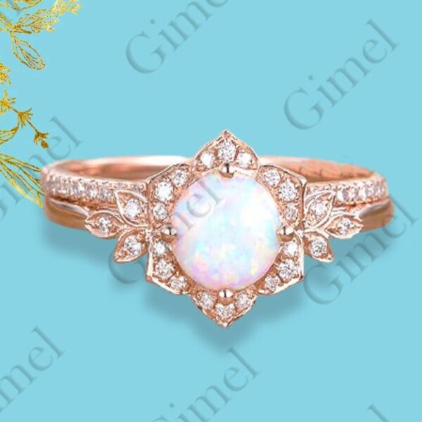 Antique Flower Opal Engagement Ring Rose Gold Diamond Halo Floral Ring Round Cut Natural Opal Ring Bridal Vine Leaf Women Ring Unique Ring