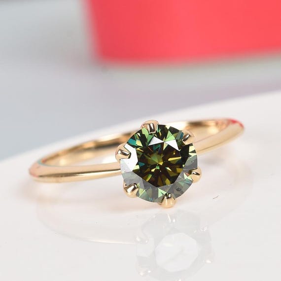 Green Moissanite Solitaire Ring in 14K Rose Gold, Moissanite Engagement Ring, Solitaire Ring, Diamond Ring, Moissanite Ring for Women