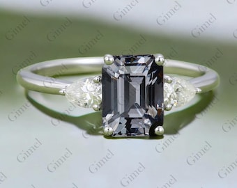 Gray Spinel Three Stone Ring | Gray Spinel Ring | Moissanite Ring | 14K Solid White Gold Ring | Unique Engagement Ring | Gemstone ring