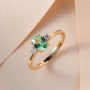 AAAA Tsavorite Garnet with Diamond three stone ring in 14K Yellow Gold, Tsavorite Garnet Ring, Diamond Ring, Three Stone Ring, Gemstone Ring
