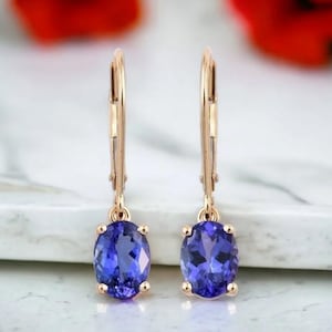 AAAA Tanzanite Lever Back Earring in 14K Solid Yellow Gold, Tanzanite Earring, Dangle Earring, Tanzanite Jewelry, Gemstone Earring for Women