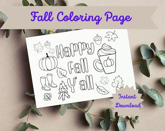 Fall Coloring Page - Happy Fall Y'all, Coloring Page for adults, Printable Coloring Page, Coloring Pages for Adults