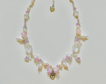 Purple Flower Star Heart Charm Necklace, Handmade Beaded Necklace, Fairycore, Purple Star Necklace