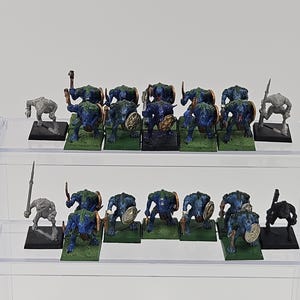 May include: A collection of miniature fantasy creature figurines arranged on two clear tiered shelves. The figures are painted in shades of blue and green, with some unpainted grey figures, all mounted on square black bases with green textured tops.