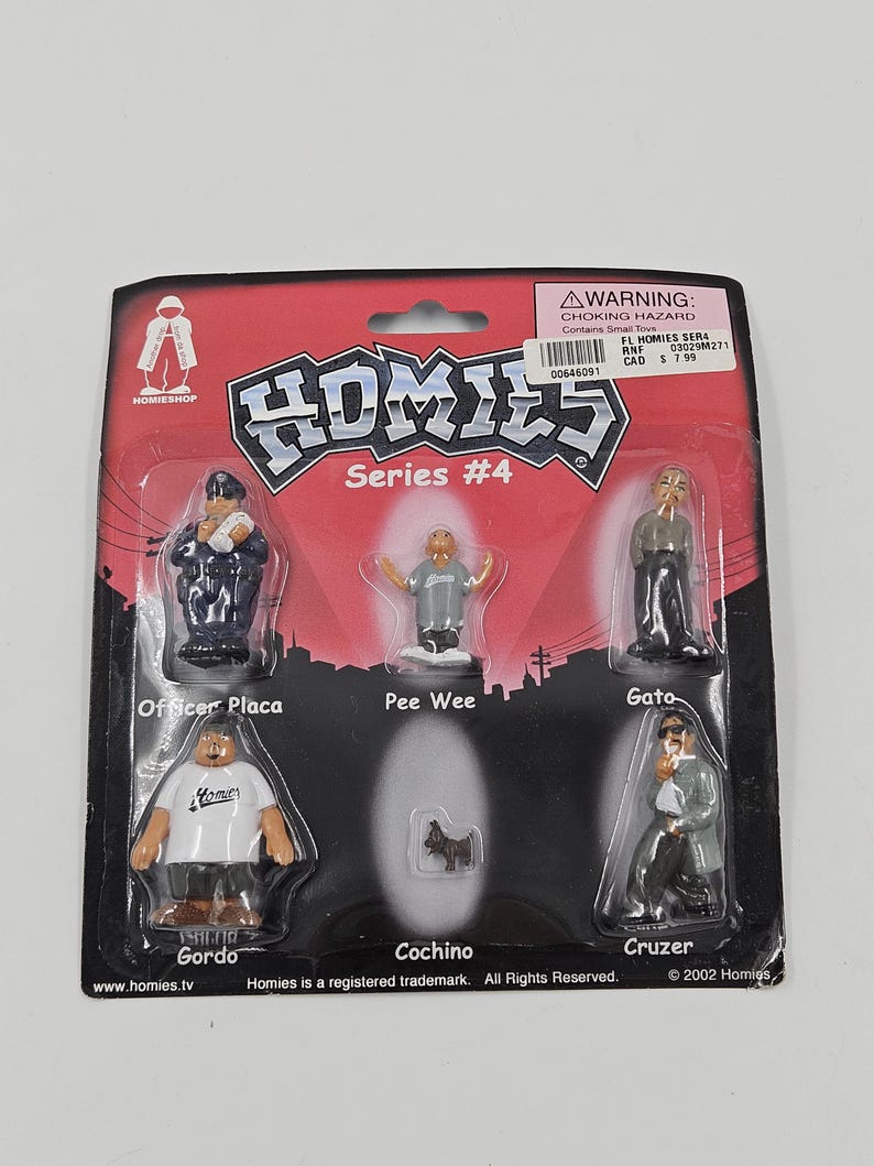 May include: A Homies Series #4 collectible set with six small figurines in a blister pack. The figures include Officer Placa, Pee Wee, Gato, Gordo, Cochino, and Cruzer. The packaging is red and black with the Homies logo.