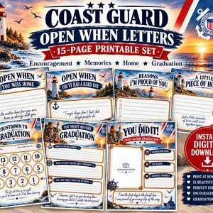 May include: A 15-page printable set of Coast Guard themed open when letters featuring a lighthouse and ocean sunset design. The pages include prompts for graduation, countdowns, and encouragement with nautical rope and anchor graphics.