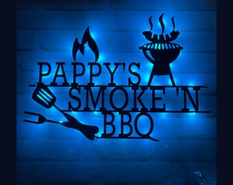 Custom BBQ Grill Pappy Metal Wall Art LED Light | Personalized Family Party BBQ Name Sign | Backyard Decor | Outdoor Grilling Gifts Signs
