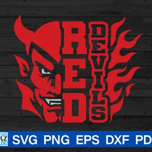 Puede incluir: Gráfico de diablo rojo con el texto "REDS DEVILS" en negrita. La cara del diablo está a la izquierda, con llamas a la derecha. La parte inferior de la imagen tiene el texto "SVG PNG EPS DXF PDF".