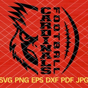 Puede incluir: Silueta en blanco y negro de un cardenal con un dise&ntilde;o de f&uacute;tbol. El texto "CARDINALS FOOTBALL" est&aacute; escrito verticalmente en el lado derecho de la imagen.