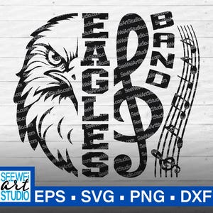 Svg della banda degli Eagles della scuola superiore, Svg dell'uccello falco aquila, Svg della mascotte degli Eagles, Svg degli sport di squadra Eagles School Spirit, Svg della banda marciante degli Eagles