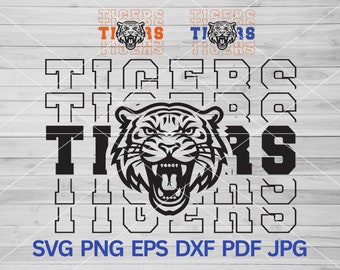 May include: Black and white graphic design of a tiger with the word "TIGERS" repeated in a stacked pattern. The design includes the text "SVG PNG EPS DXF PDF JPG".