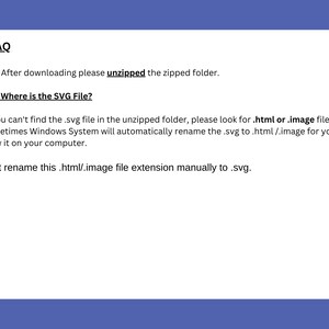 May include: A white document on a blue background with the heading "FAQ". The text explains how to find an SVG file after downloading, including renaming .html or .image files to .svg.