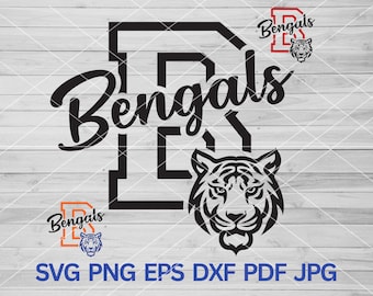 May include: Black and white graphic design of a tiger head with the word "Bengals" in a stylized font. The design includes a black and white letter "B" with the word "Bengals" inside. The design is suitable for use as a logo, sticker, or iron-on.