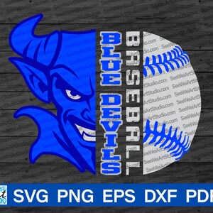 May include: Blue and white baseball graphic with the text "Blue Devils Baseball". A blue devil head with horns is on the left side of the graphic.