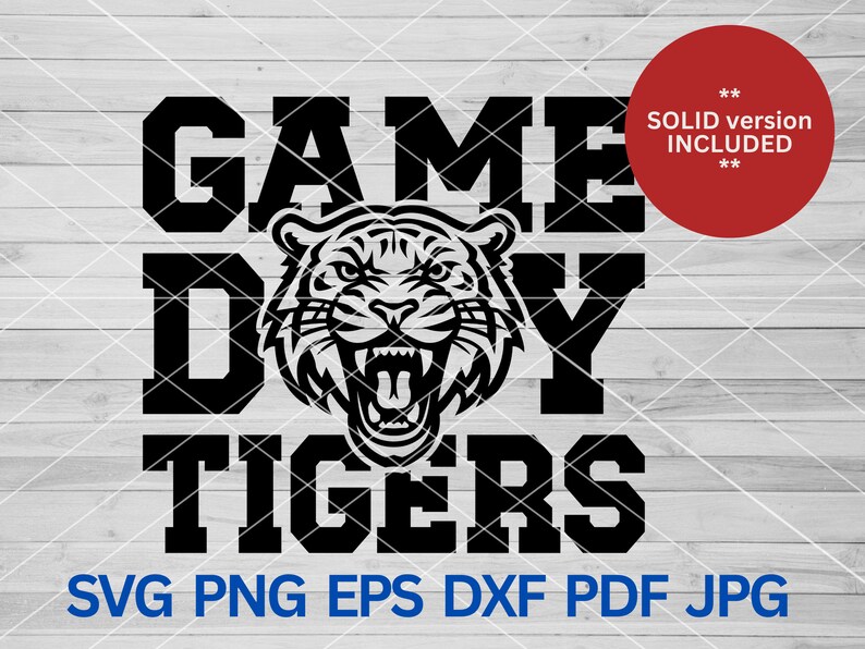 May include: Black and white graphic design with the text "Game Day Tigers" and a tiger head illustration.