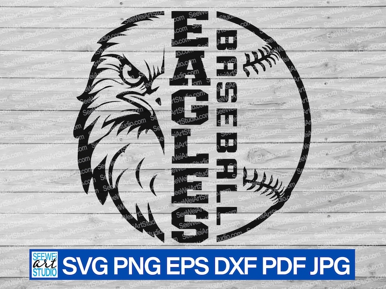 May include: Black and white baseball design featuring an eagle head and the words "EAGLES BASEBALL". The design is set against a wooden background. The bottom of the image has the text "SVG PNG EPS DXF PDF JPG".
