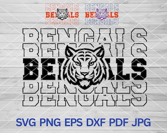 May include: Black and white graphic design featuring the word "Bengals" repeated multiple times with a tiger head in the center. The text is in a bold, blocky font. The image includes the text "SVG PNG EPS DXF PDF JPG".