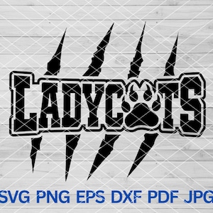 May include: Black and white graphic design of the word "Ladycats" with a paw print in the middle. The word is surrounded by five claw marks.