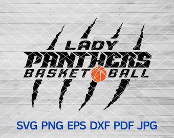May include: Black and white graphic design of three claw marks with the text "Lady Panthers Basketball" and an orange basketball in the center.
