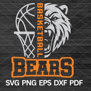 Könnte beinhalten: Ein weißer Basketball mit einem Bärenkopf im Inneren des Balls. Der Text "Basketball" ist vertikal an der Seite des Balls geschrieben. Der Text "Bears" ist in orangefarbenen Buchstaben unter dem Ball geschrieben. Das Bild ist auf einem dunklen Holzgrund.