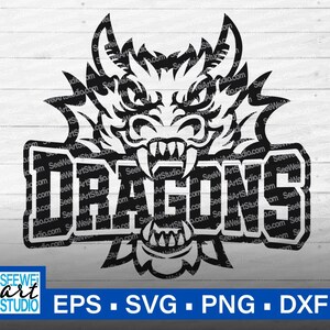 May include: Black and white dragon graphic with the word "DRAGONS" in a bold font. The dragon has sharp teeth and a detailed design. The image also includes the text "SEEWE ART STUDIO" and file type options: EPS, SVG, PNG, and DXF.
