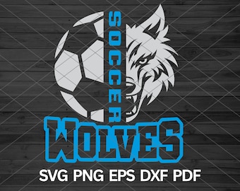May include: A blue and black graphic design featuring a soccer ball and a wolf's head with the text "SOCCER WOLVES" in blue and black. The design is on a wood background.