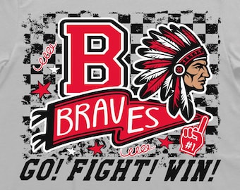 May include: A gray t-shirt featuring a red and black design. The design includes a large red letter "B", the word "BRAVES", a Native American headdress, stars, and the phrase "GO! FIGHT! WIN!" A foam finger with the number one is also included.