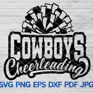 Può includere: Grafica in bianco e nero con un pompon da cheerleader e il testo "COWBOYS Cheerleading".