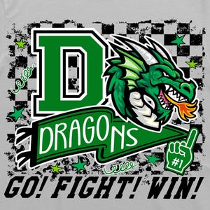 May include: A gray t-shirt featuring a green dragon graphic with the word "DRAGONS" on a green arrow. The design includes a large green "D", a foam finger, and the text "GO! FIGHT! WIN!"