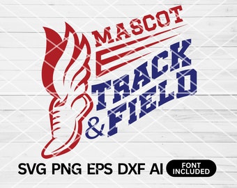May include: Red and blue graphic design with a stylized running shoe and the text "Mascot Track & Field" with the word "Mascot" in red and the rest in blue.