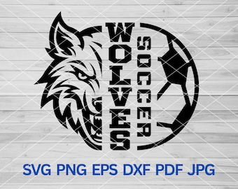 May include: Black and white graphic design of a wolf's head with a soccer ball and the word "WOLVES SOCCER" written vertically.
