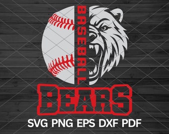Pode incluir: Uma bola de beisebol vermelha e branca com a palavra "BASEBALL" escrita verticalmente no lado. Uma cabeça de urso cinza está no lado direito da bola. A palavra "BEARS" está escrita em letras vermelhas abaixo da bola. A imagem está em um fundo de madeira escura.