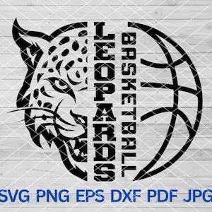 Puede incluir: Diseño gráfico en blanco y negro de una cabeza de leopardo con una pelota de baloncesto y el texto "LEOPARDS BASKETBALL".