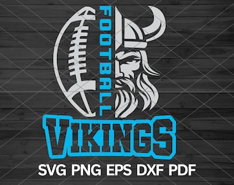May include: A blue and white graphic design featuring a football and a Viking helmet with the word "VIKINGS" in blue text. The text "FOOTBALL" is written vertically on the side of the football.