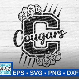 May include: Black and white graphic design featuring the word "Cougars" in a stylized font, with a large letter "C" and claw marks. The image includes the text "SEEWEI ART STUDIO" and file type options.