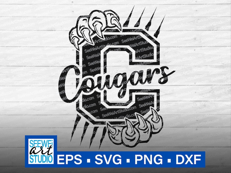 May include: Black and white graphic design featuring the word "Cougars" in a stylized font, with a large letter "C" and claw marks. The image includes the text "SEEWEI ART STUDIO" and file type options.