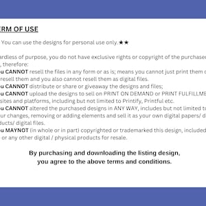 May include: A document with the title "TERM OF USE" on a blue background. The text details the terms and conditions for using the designs, including restrictions on resale, distribution, and modification. The text is in black and white.