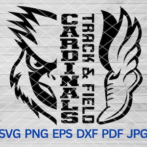 May include: Black and white graphic design featuring a cardinal bird with wings spread and the text "Cardinals Track & Field".