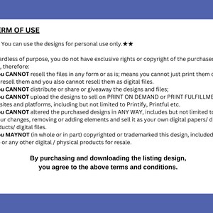 K&ouml;nnte beinhalten: Ein wei&szlig;es Textdokument mit schwarzem Text, das die Nutzungsbedingungen f&uuml;r digitale Designs darlegt. Der Text besagt, dass die Designs nur f&uuml;r den pers&ouml;nlichen Gebrauch verwendet werden d&uuml;rfen und weder weiterverkauft noch in irgendeiner Weise ver&auml;ndert werden d&uuml;rfen. Das Dokument besagt auch, dass der K&auml;ufer keine ausschlie&szlig;lichen Rechte oder Urheberrechte an den gekauften Dateien besitzt.
