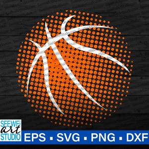 May include: An orange basketball design with white curved lines and a dotted background. The image includes the text "SEEWE ART STUDIO" and file type options: EPS, SVG, PNG, and DXF.