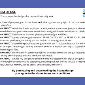 May include: A blue background with white text detailing the terms of use for digital designs. The text includes restrictions on reselling, distributing, and altering the designs. The SeeWee Art Studio logo is in the upper right corner.