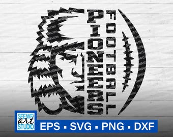 Fútbol americano de los pioneros de la escuela secundaria (Svg), mascota de los pioneros (Svg), espíritu escolar de los pioneros (Svg), orgullo de los pioneros, mamá animadora de fútbol (Svg)