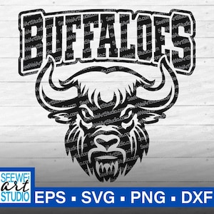 May include: Black and white graphic of a buffalo head with the word "BUFFALOES" above it. The image is a vector graphic, with the file types EPS, SVG, PNG, and DXF listed below. The logo is set against a white wood grain background.