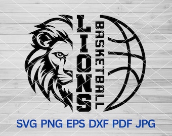 May include: Black and white graphic design of a lion's head with the word "LIONS" and a basketball with the word "BASKETBALL" on a woodgrain background.