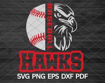May include: Red and white baseball with a black and white eagle head graphic. The text "BASEBALL" is on the right side of the image. The text "HAWKS" is in red with black outlines. The text "SVG PNG EPS DXF PDF" is below the image.