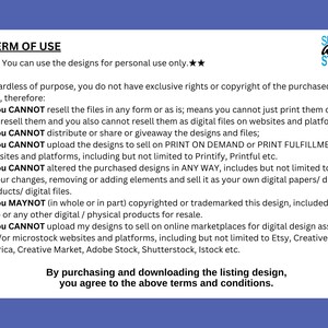 May include: A white document with black text outlining the terms of use for digital designs. The text specifies restrictions on reselling, distributing, and modifying the designs. The document is set against a blue background, with the "SEEWE ART STUDIO" logo.