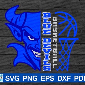 Puede incluir: Un gráfico azul con una mascota de diablo, las palabras "BLUE DEVILS BASKETBALL" y una canasta de baloncesto. La imagen también incluye el texto "SVG PNG EPS DXF PDF".