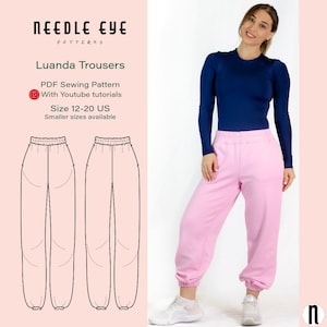 Puede incluir: Un patrón de costura digital para pantalones Luanda, un pantalón de chándal rosa con cintura elástica. El patrón incluye instrucciones para las tallas 12-20 US y está disponible con tutoriales de YouTube.