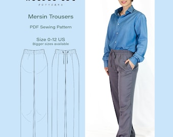 May include: A digital sewing pattern for Mersin Trousers, sizes 0-12 US. The pattern includes a line drawing of the trousers, with a woman wearing a similar style of trousers in the background.