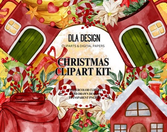 4 Christmas Watercolor Clipart Design Kit, Red Christmas Teapot And Christmas Glass Clipart, Christmas House Clipart PNG File